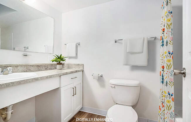 A bathroom with a toilet and a sink with large vanity at West Hampton Park Apartments in Elkhorn, NE 68022