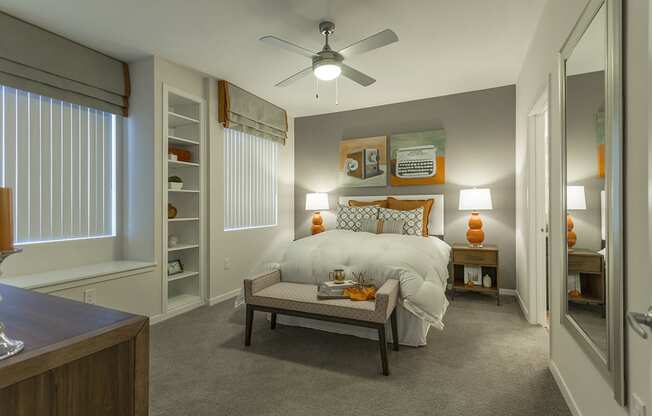 Bedroom decor with lamps with ceiling fan and lightat The View at Horizon Ridge, Henderson