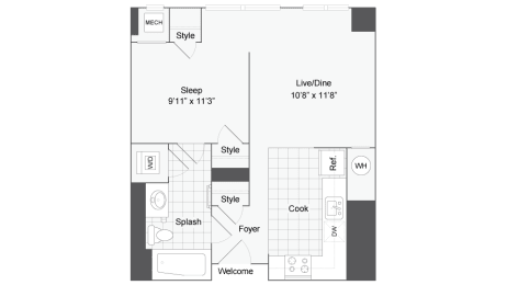 Studio, 1 bath, 592 sqft, $1,507