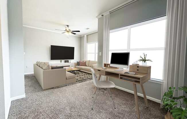 A room with a desk, a couch, and a television.