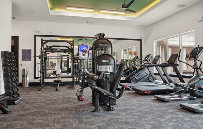 A gym with a variety of equipment including treadmills, weights, and a television.