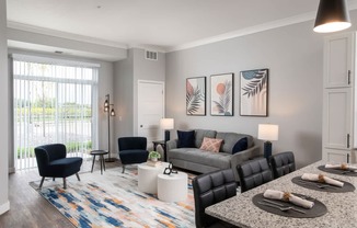 A living room with a grey couch, a black chair, a white side table, and a rug.