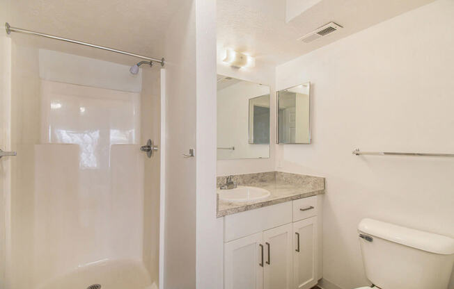 A bathroom with a shower, toilet, and sink at West Hampton Park Apartments in Elkhorn, NE 68022