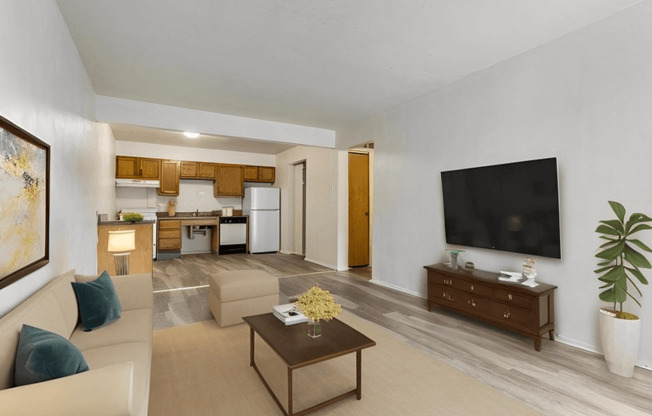 A living room with a couch, coffee table, and television.