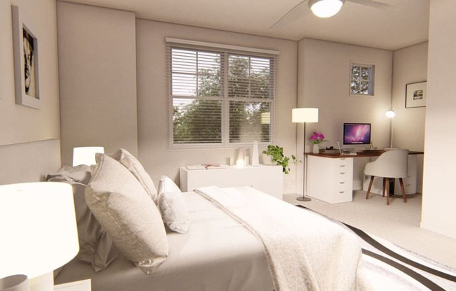 a bedroom with a bed and a desk at Brownstones at Palisade Park Townhomes, Broomfield, 80023