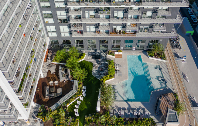 High rise view of the lavish pool and courtyard