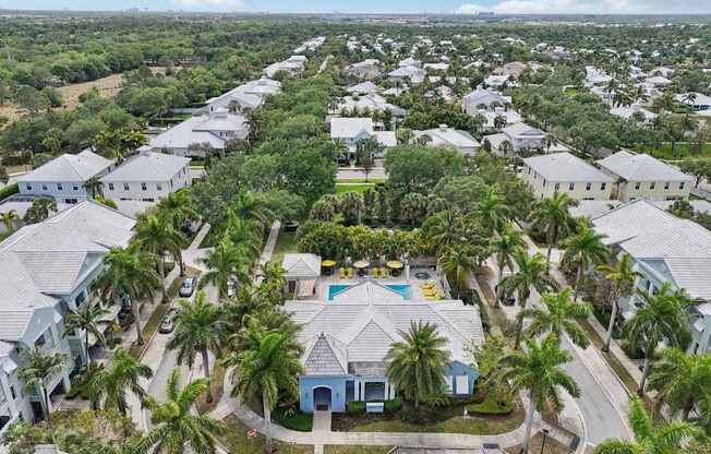 A bird's eye view of a residential area with a swimming pool surrounded by palm trees.