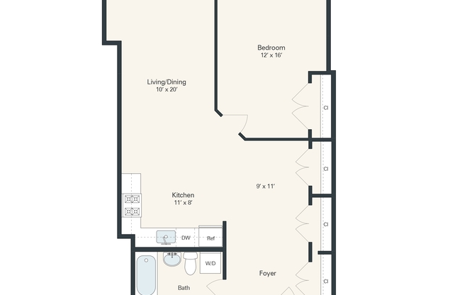 1 bed, 1 bath, 804 sqft, $1,596
