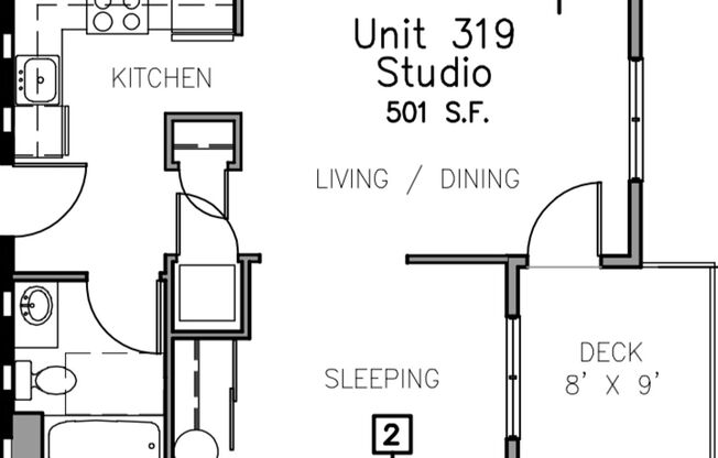 Studio, 1 bath, 501 sqft, $1,550, Unit 319
