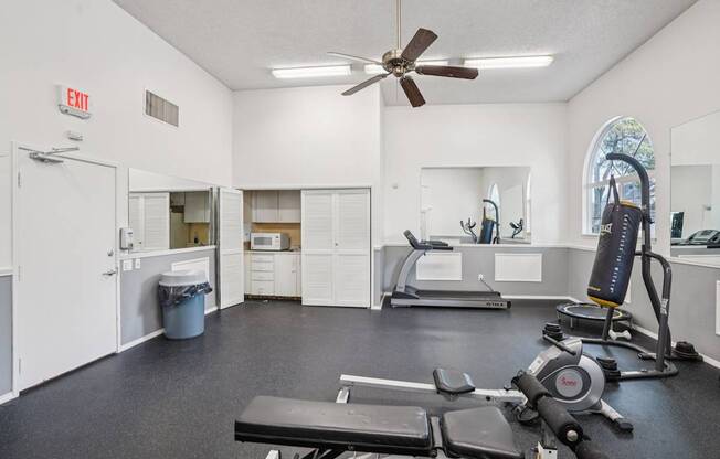 A gym with a treadmill, weights, and a fan.
