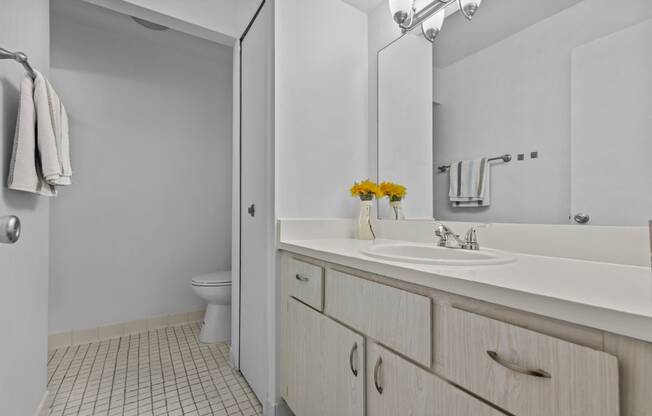 a bathroom with a sink and a shower and a toilet at Edge At Farmington Hills - Farmington Hills, MI, Michigan, 48334