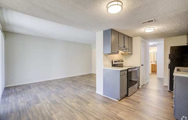 an empty apartment with a kitchen and a living room