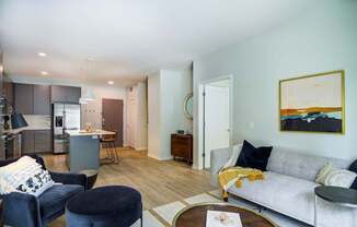A living room with a grey couch, a black ottoman, and a coffee table.