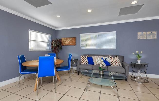 a blue chair in a room