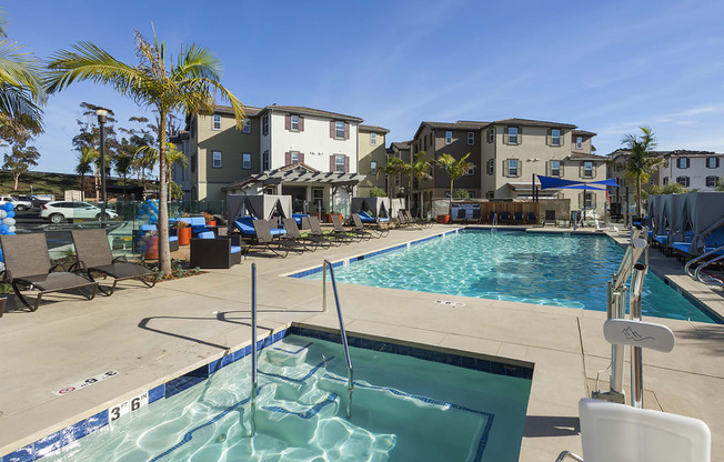 a swimming pool with several apartment buildings in the background