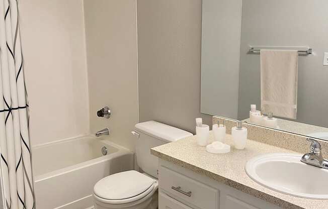 Full bathroom with vanity sink, under sink storage, toilet. Staged with a bath rug, hand soap, and patterned shower curtain.at Sitka Heights, Washington, 98424