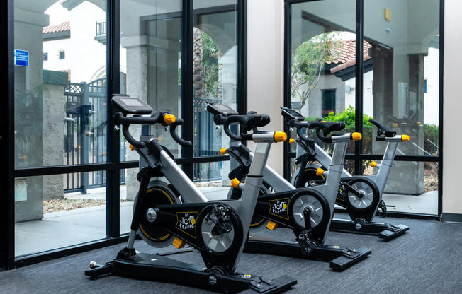 A row of stationary bikes are lined up in a gym.