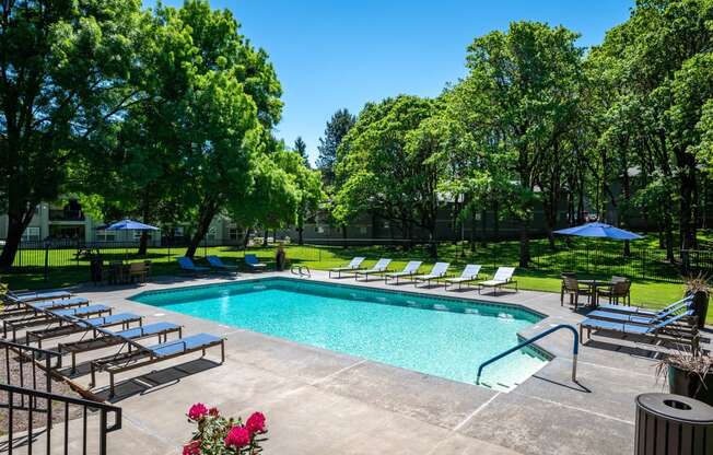 a swimming pool with lounge chairs and trees in the background