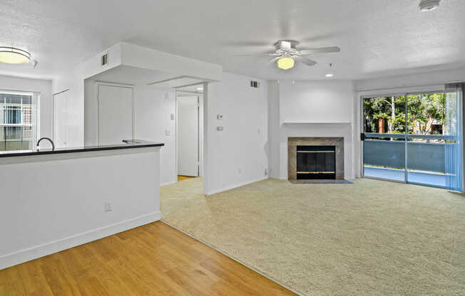 Carpeted Living Room with Fireplace and Balcony