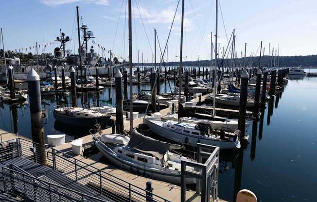 A marina with boats docked at the pier at Spyglass Hill Apartments, Bremerton, 98337