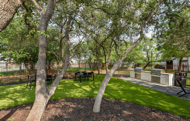 a park with trees and a table and benches