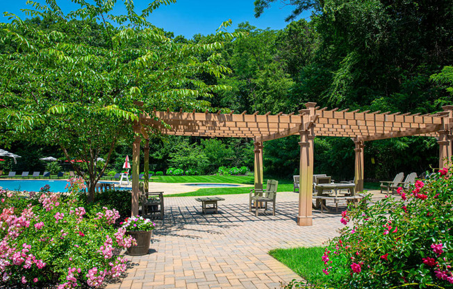 a backyard with a pavilion and a swimming pool