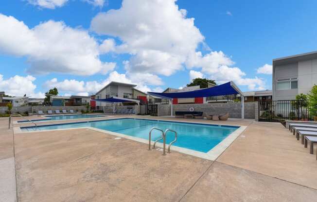 Pool and Seating Area, Fire Station, Blue/Black Seats, Blue Skies and Clouds