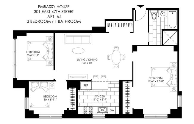 3 beds, 1 bath, 1,037 sqft, $6,695, Unit 6J