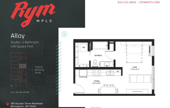 Studio, 1 bath, 476 sqft, $1,190, Unit 509