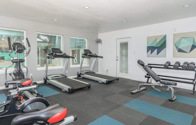 a gym with treadmills and other exercise equipment in a room with windows