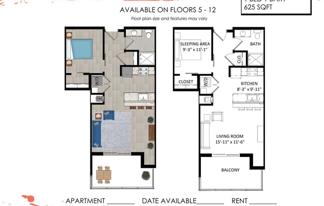 1 bed, 1 bath, 625 sqft, $1,925, Unit 808