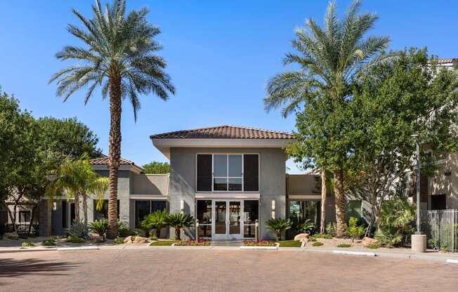 A modern house with a palm tree in front.