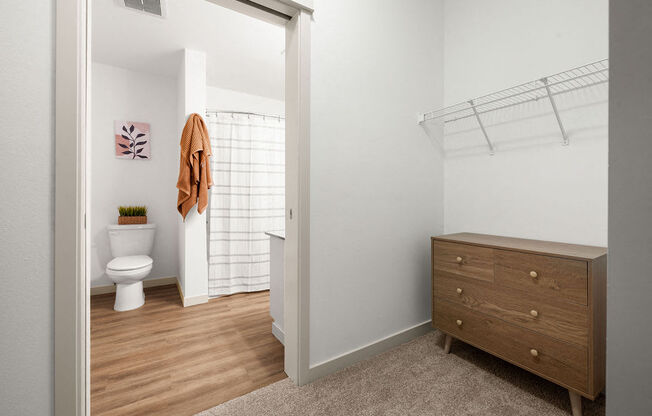 a bathroom with a toilet and a shower and a dresser