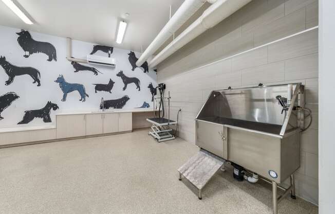 a large room with a sink and a wall with dogs on it