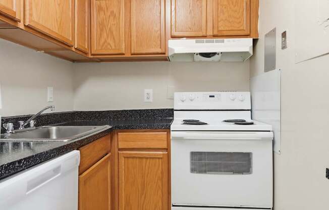 A kitchen with a white stove and white dishwasher.