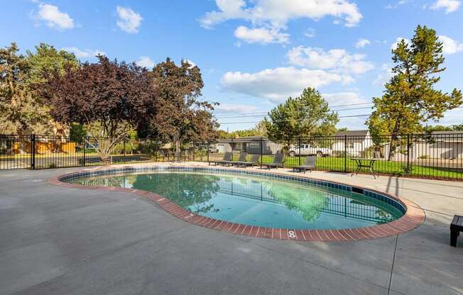 A round pool surrounded by a black fence and trees.