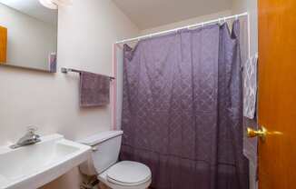 a bathroom with a purple shower curtain and a toilet and sink. Fargo, ND Morningside Apartments