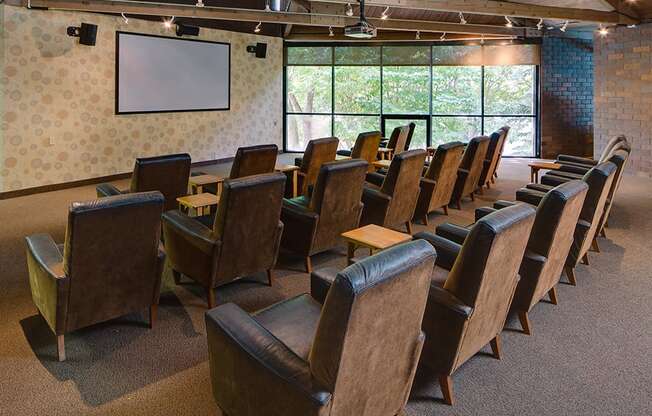 Theater room with a projector and three rows of viewing chairs