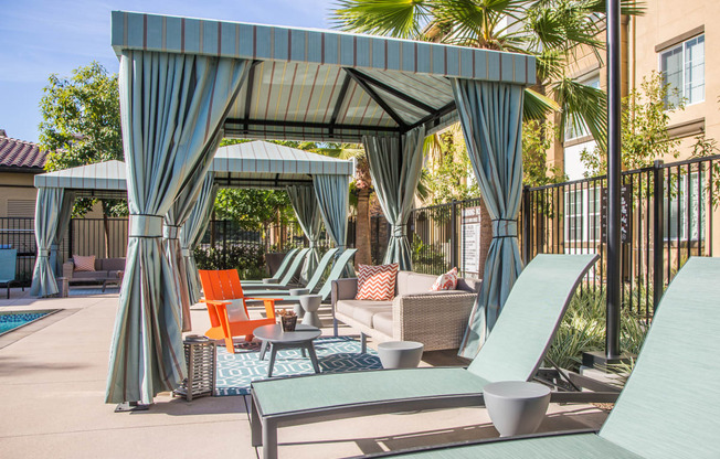 bungalows and lounge chairs at Capriana at Chino Hills, California