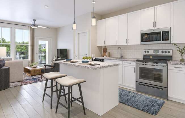 a kitchen and living room with an island and bar stools