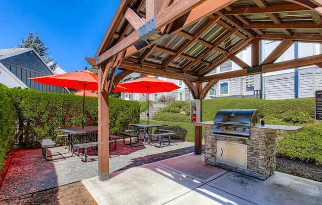 Happy Valley Apartments for Rent - Sunnyside Village - Outdoor Grilling Station Under a Large Built-In Awning with a Covered Stainless Steel Grill and Two Picnic Tables with Built-In Seating and Umbrellas
