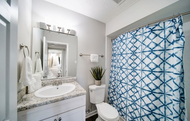 a bathroom with a blue and white shower curtain