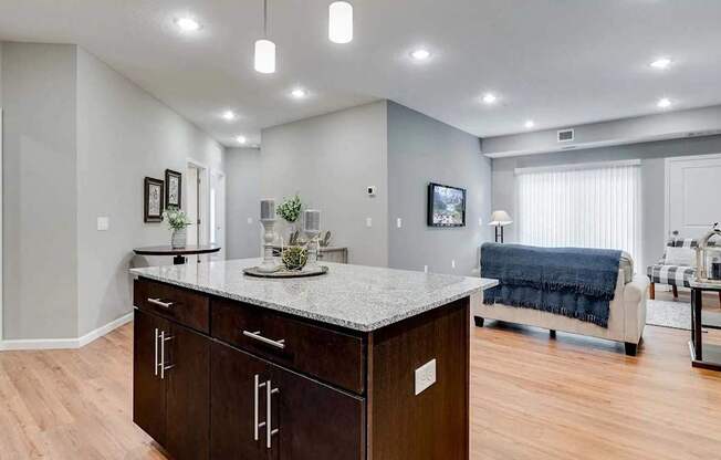 a kitchen with an island and a living room with a couch. Circle Pines, MN Lexington Lofts