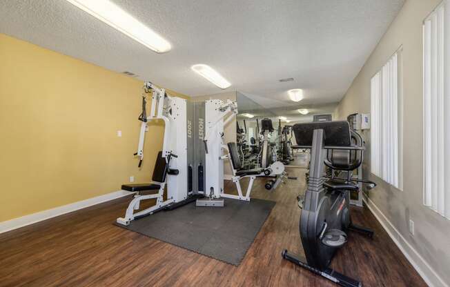 Community Fitness Center with Excercise Bike, Ellipticals, Weight Machines, Plastic Floor Mats, Open Blinded Windows, Full Mirror and Wood Inspired Floor