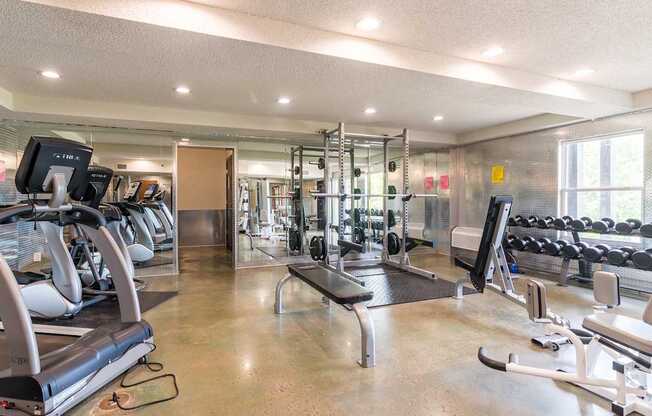 A gym with treadmills, weights, and exercise equipment.