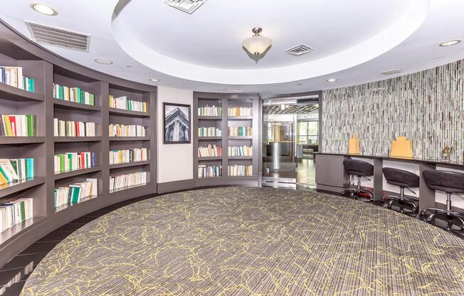 a group of people in a library