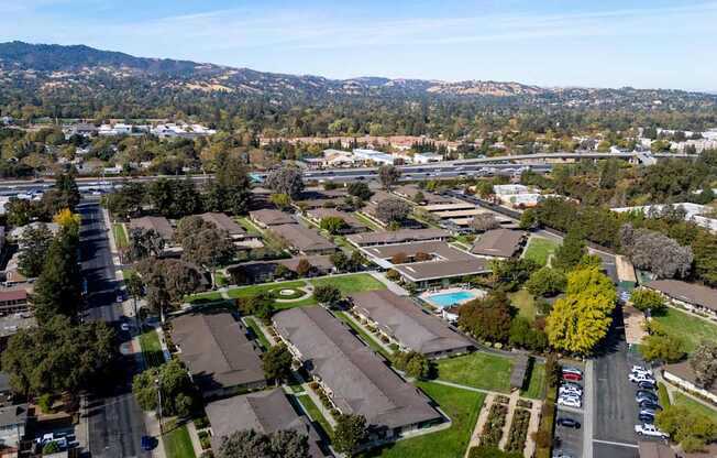 Aerial view of The Grove at Walnut Creek Apartments in Walnut Creek, CA.