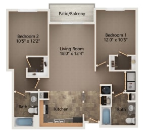 2 beds, 2 baths, 1,048 sqft, $1,422