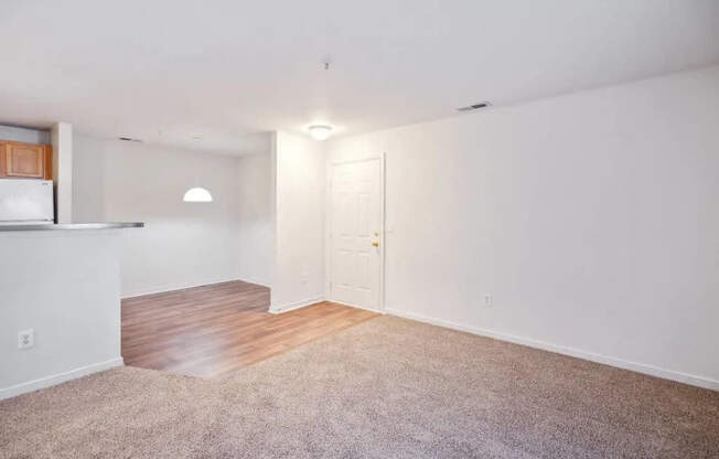 A room with a white door and a brown floor.