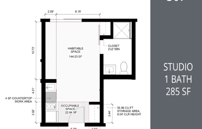 Studio, 1 bath, 283 sqft, $1,025, Unit B05
